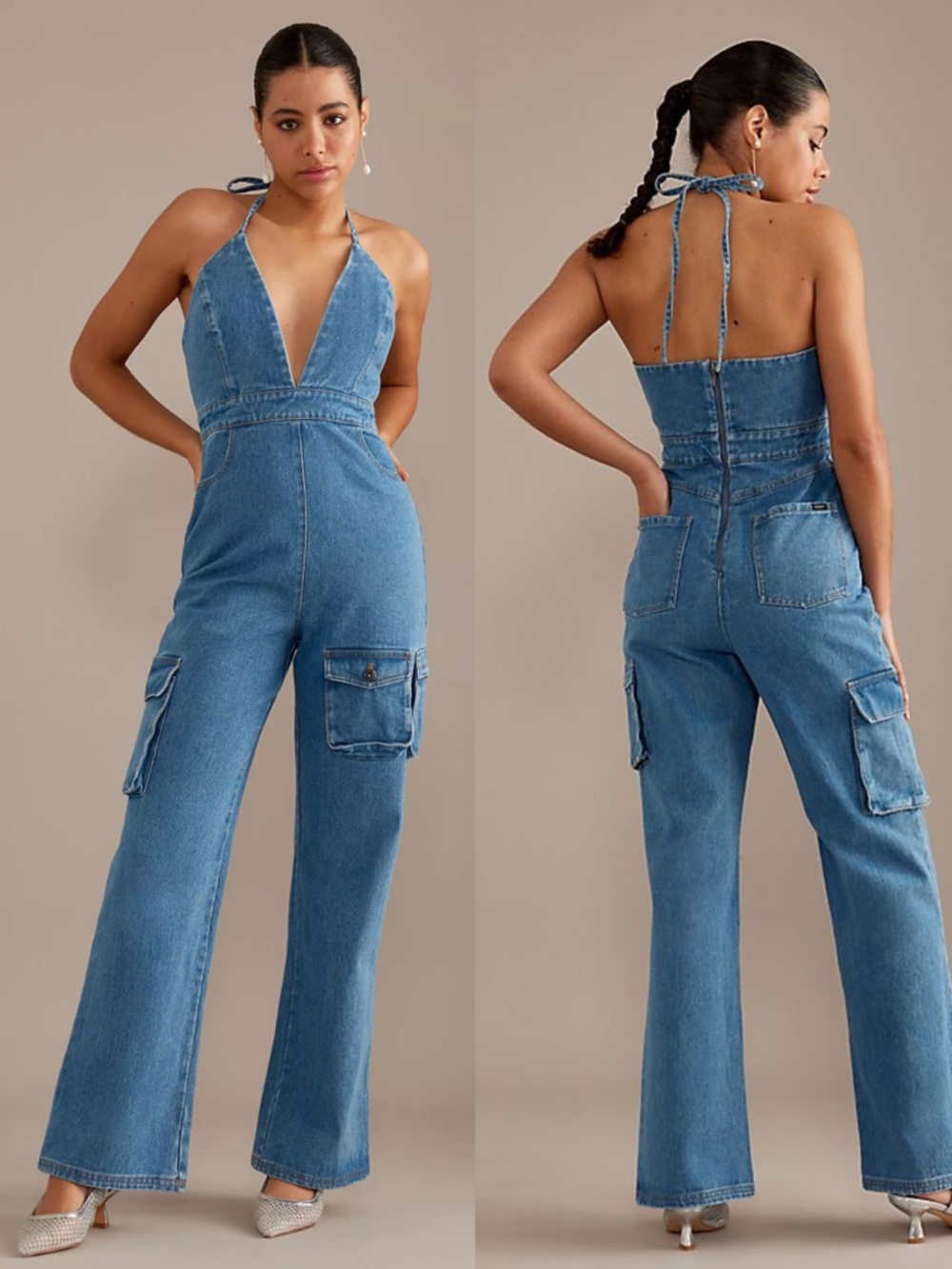 NEW BARDOT Zerah DENIM Cargo Pockets PLUNGE NECK Halter JUMPSUIT US 6
